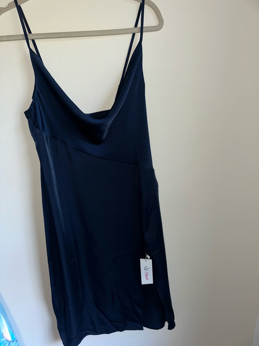 Elegant Navy Satin Slip Midi Dress with leg slit